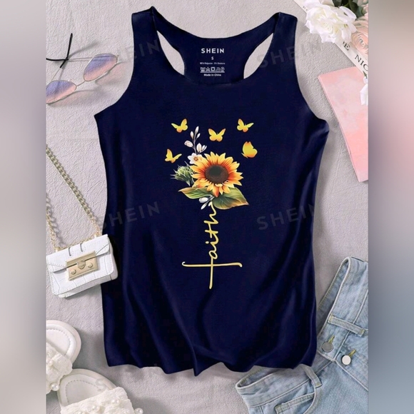 SHEIN Essnce Women Sleeveless "Faith" Sunflower Tank Top - Picture 5 of 6